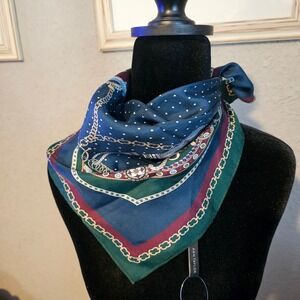 Ann Taylor Silk Square Scarf Navy Blue Green Equestrian Chain Polka Dot 24.5in